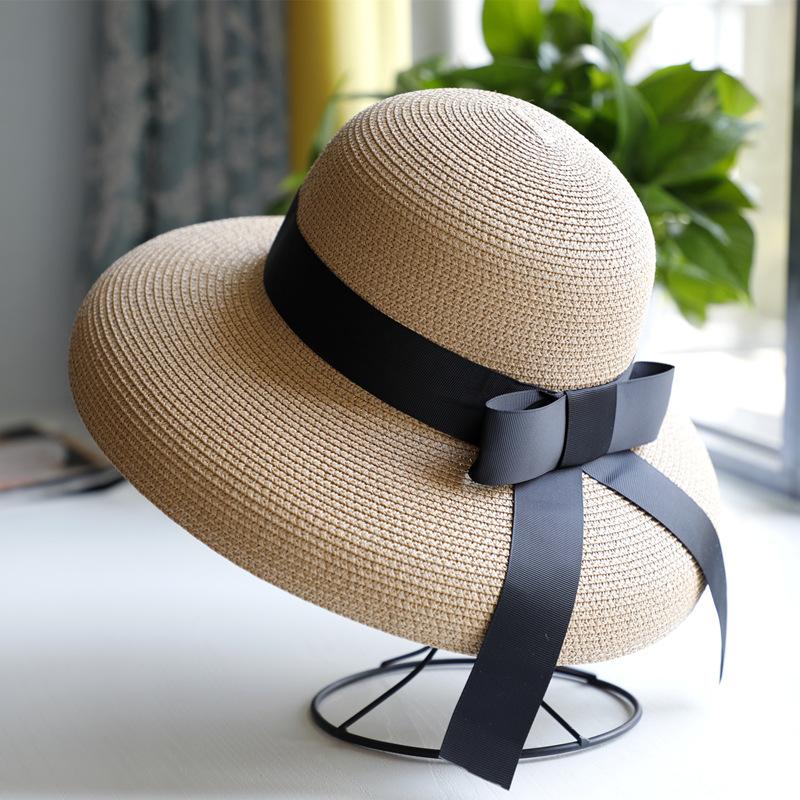 Vintage Hepburn Black Straw Hat Sun Hat Sunscreen Resort Beach Hat Women's Summer Big Eaves Sun Hat