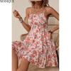 MODIQUE 2025 Summer New Women's Sexy Floral Print Elastic Waist Slip Short Dress Ladies Elegant A-Line Sleeveless Dress Adjustable Shoulder Stra