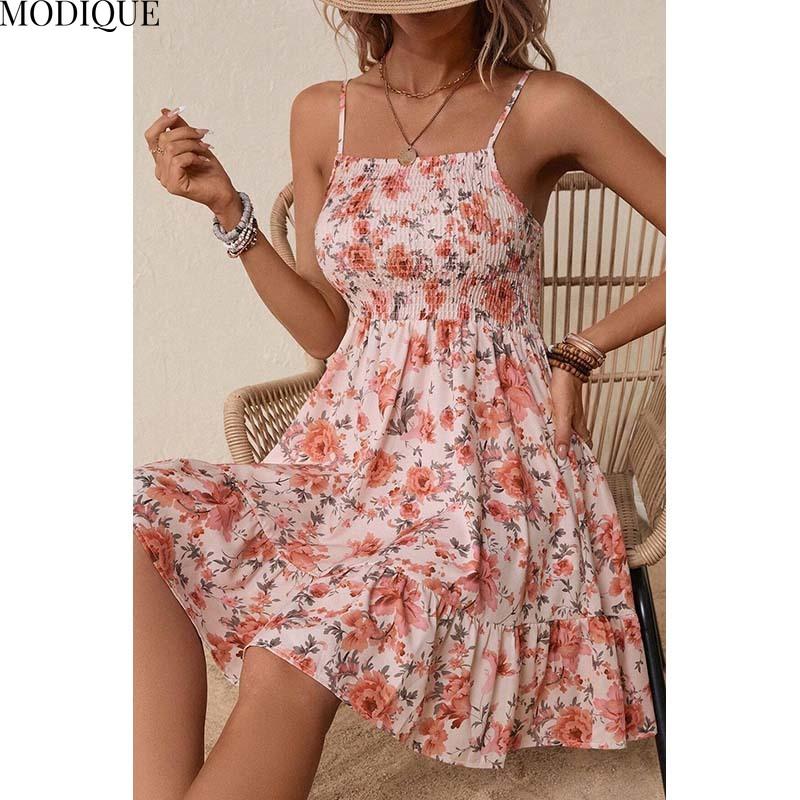 MODIQUE 2025 Summer New Women's Sexy Floral Print Elastic Waist Slip Short Dress Ladies Elegant A-Line Sleeveless Dress Adjustable Shoulder Stra