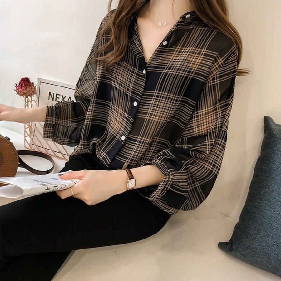 Frühlingsstil Damenhemd Locker BF Karomuster Hemd Damen Langarm Vintage Chic Koreanischer Stil Mantel