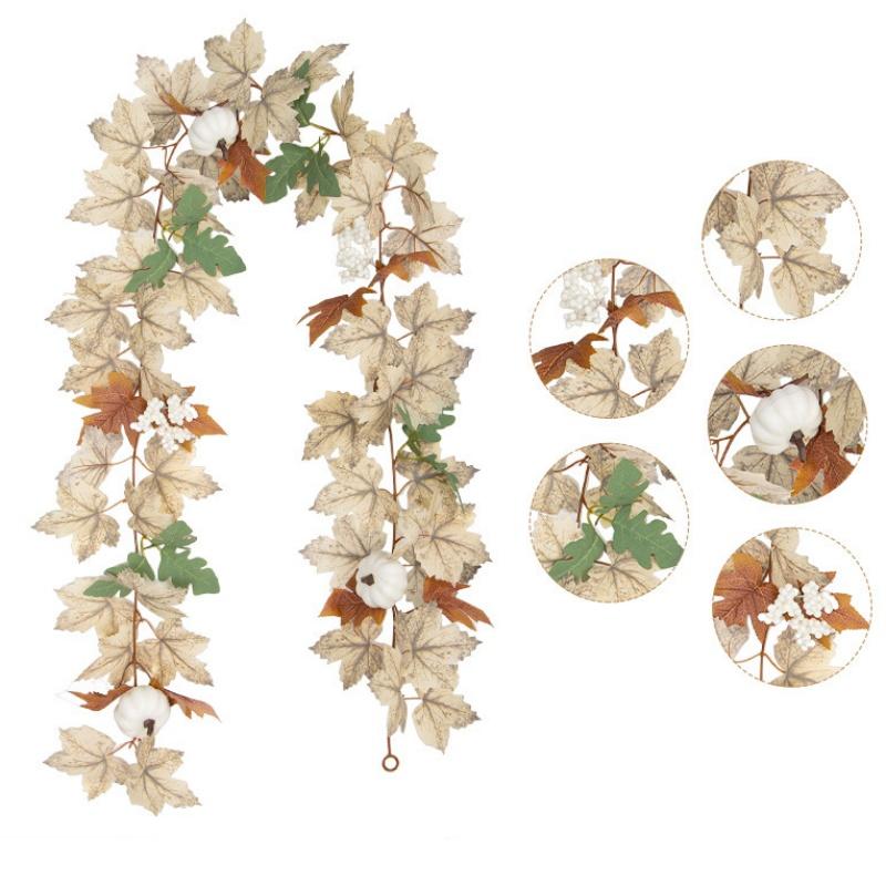 Fall Maples Leaves Garland Simulation Maple Leaf Pumpkin Berry Vine Wreath Thanksgiving Halloween Christmas Fireplace Decoration