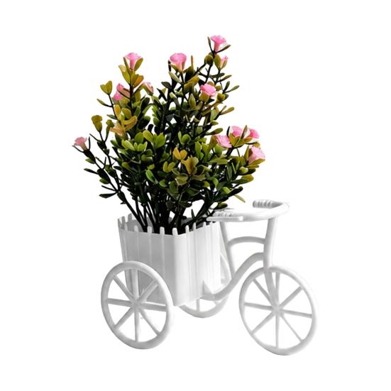 Fake Gypsophila Plant, Rustic Style Pink/Purple Flower Three-Wheel Cart Figurine, Simulated Small Flowers Desktop Home Decor Display Ornament