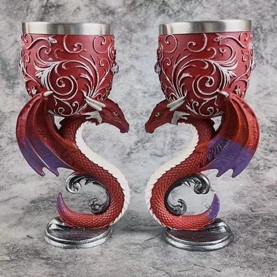 Taça de Vinho de Aço Inoxidável Cálice do Santo Graal Dragão Escultura Criativa 3D Tridimensional Copo Medieval Retrô para Casal Resina Taça de Vinho Tinto