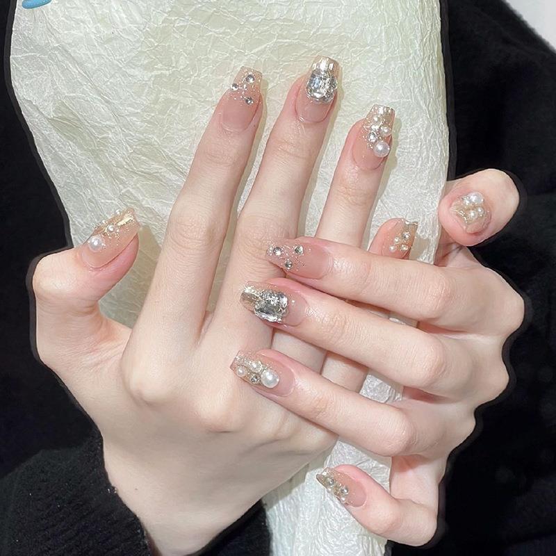 

Pearl Diamond Nail Art Stickers: Elegant Gold Glitter Nails Glue Type
