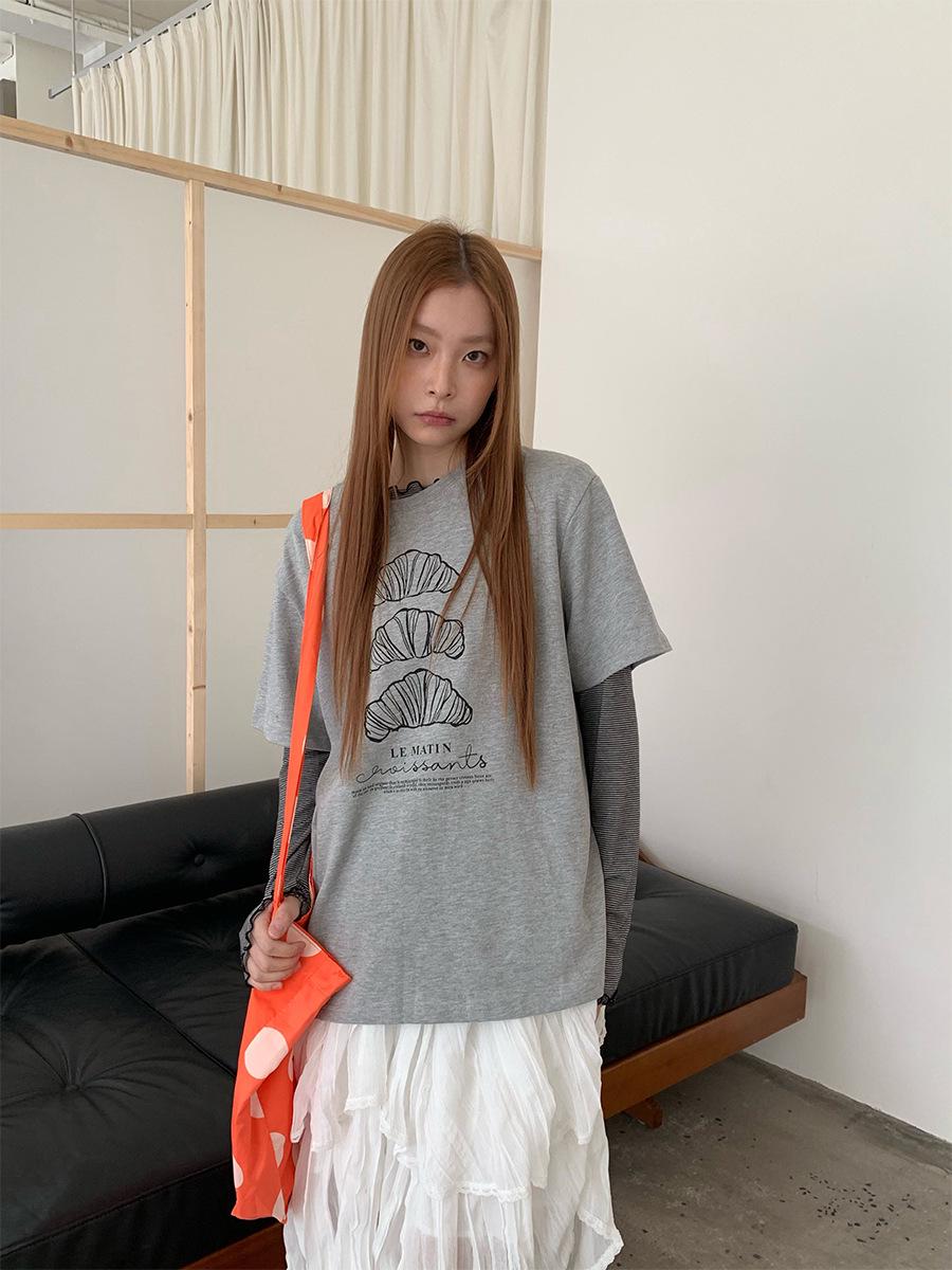 

Sunai Women s Casual Korean Style Croissant Print Round Neck Short Sleeve Loose T-Shirt One Size хизер серый