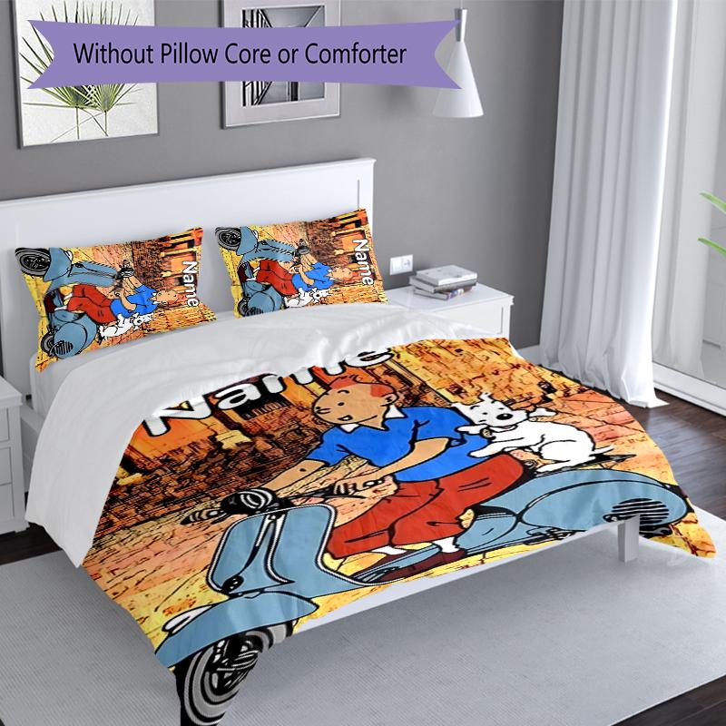 Juego de Ropa de Cama Las Aventuras de Tintín con Nombre Personalizado de 3 Piezas, Incluye 1 Funda Nórdica y 2 Fundas de Almohada, Decoración de Dormitorio para Todas las Estaciones