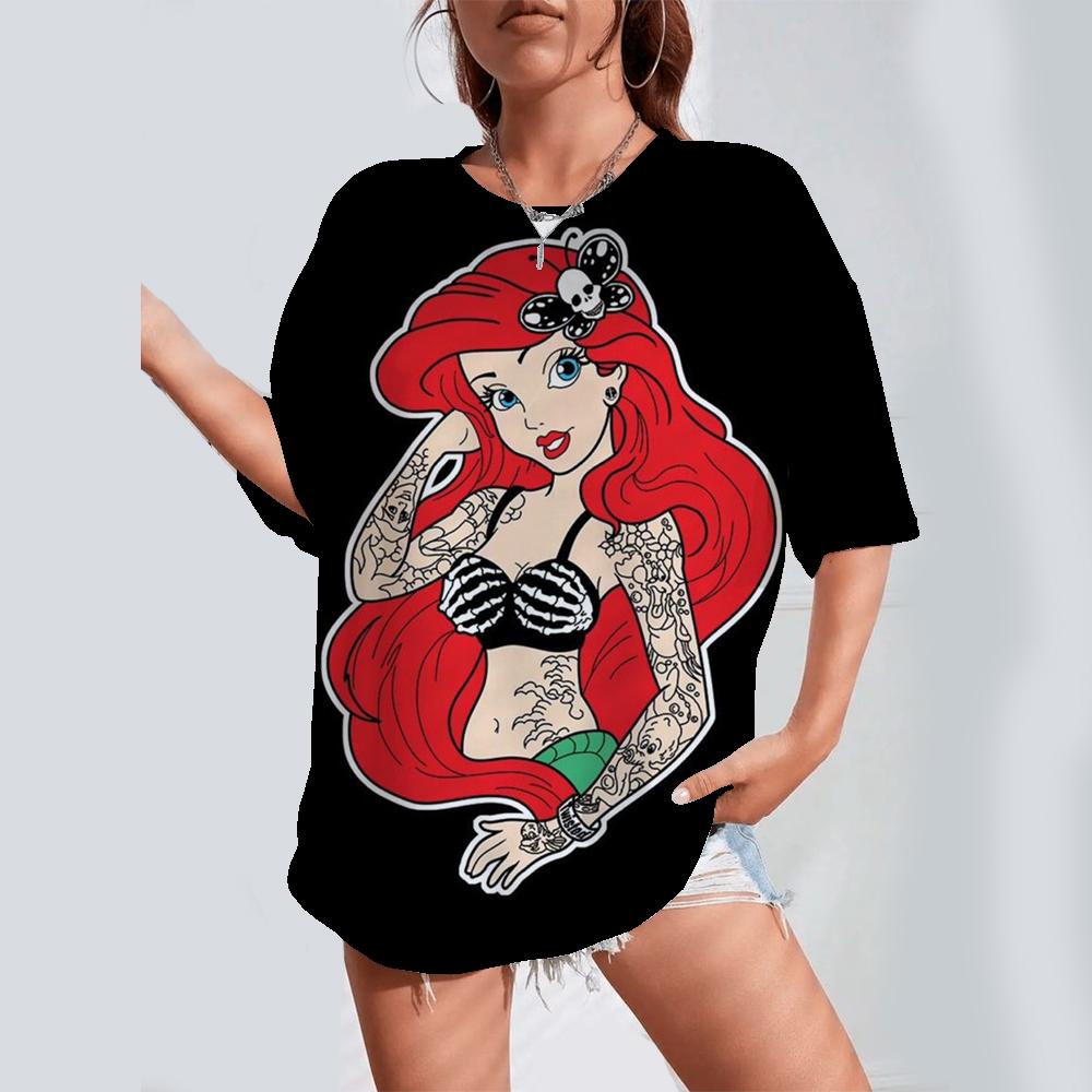 2025 Cartoon Printed Women's T-shirt Disney Princess Printed Summer Short sleeved T-shirt Harajuku Casual Round Neck Top