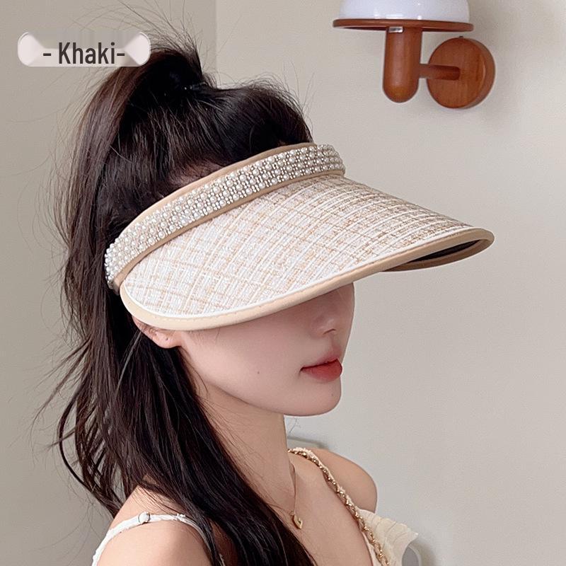 Women's Summer UV Protection Topless Sun Hat with Pearls - Black Rubber Wide Brim