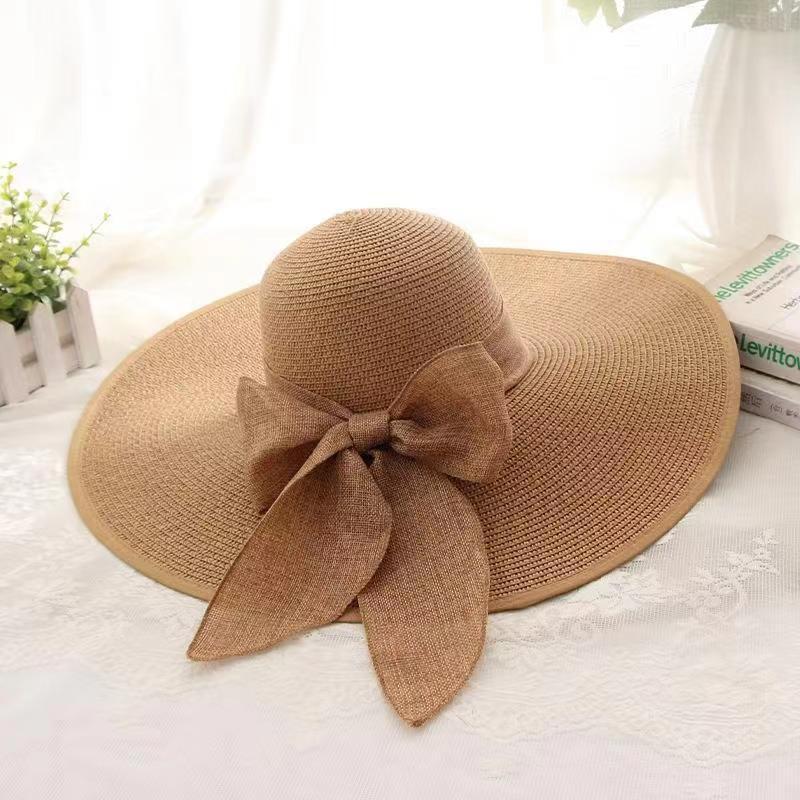 Women's Large Brim UV Protection Foldable Straw Hat with Bow for Spring/Summer