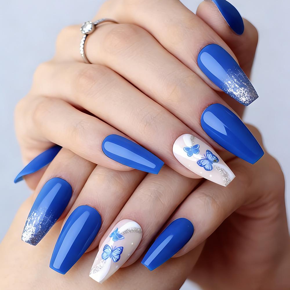 Medium Shiny Blue Gradient Glitter Wave Butterfly Press-On Nails, 24-Piece Set.