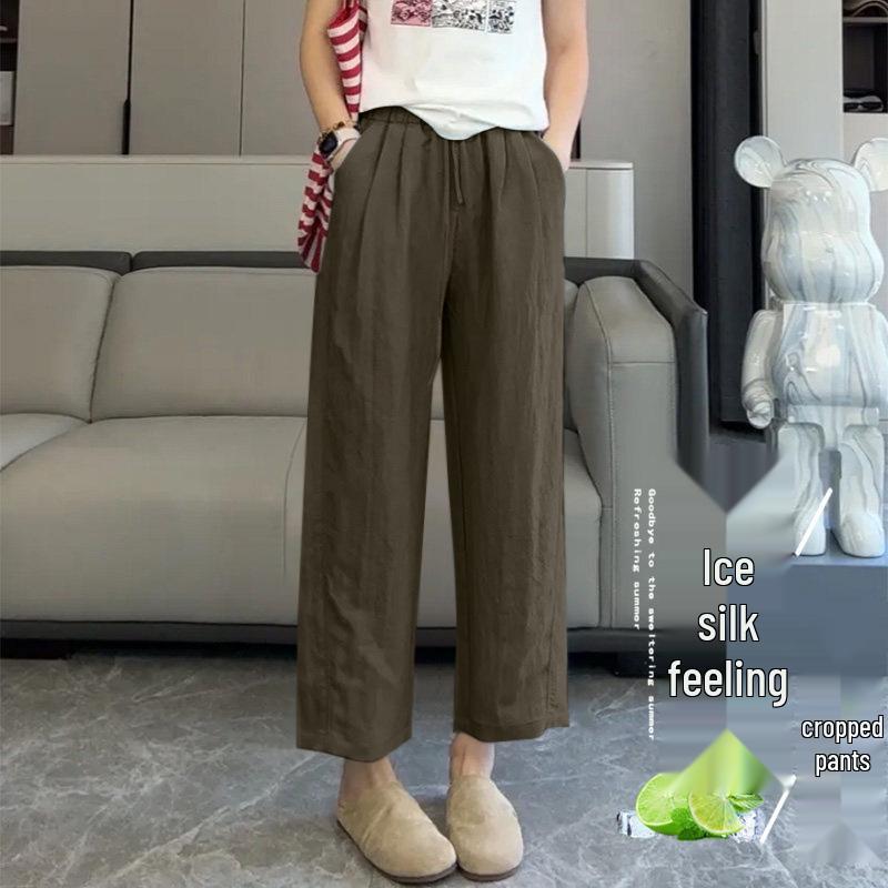 High-Waisted Cropped Ice Silk Trousers for Women - Summer Straight-Leg Sun Protection Pants 2026