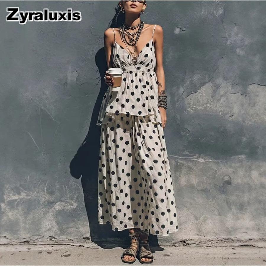 Women s French Romantic Polka Dot Printed V-Neck Sleeveless Loose Strappy Skirt Set S белый