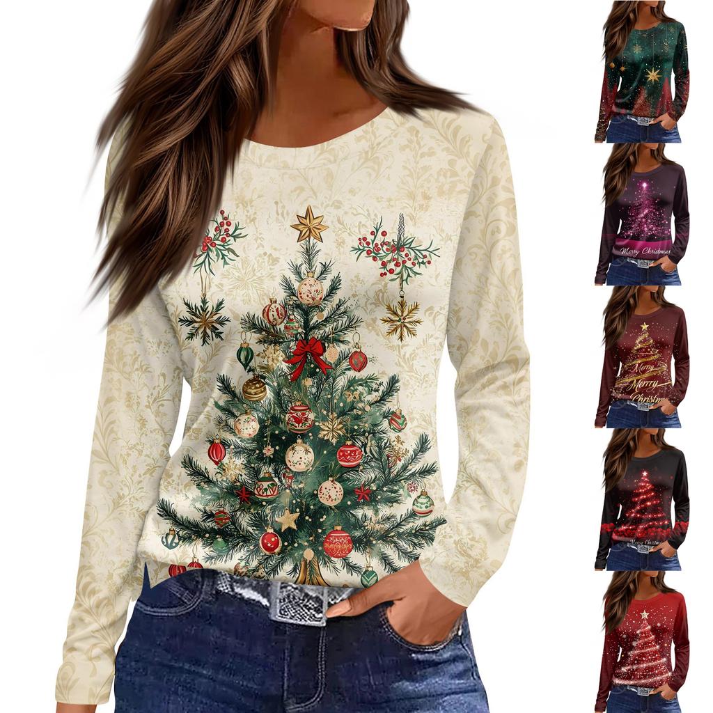 Women's Fashion Casual Slit Hem Round Neck Long Sleeve Loose Christmas Printed T-Shirt Ladies Top