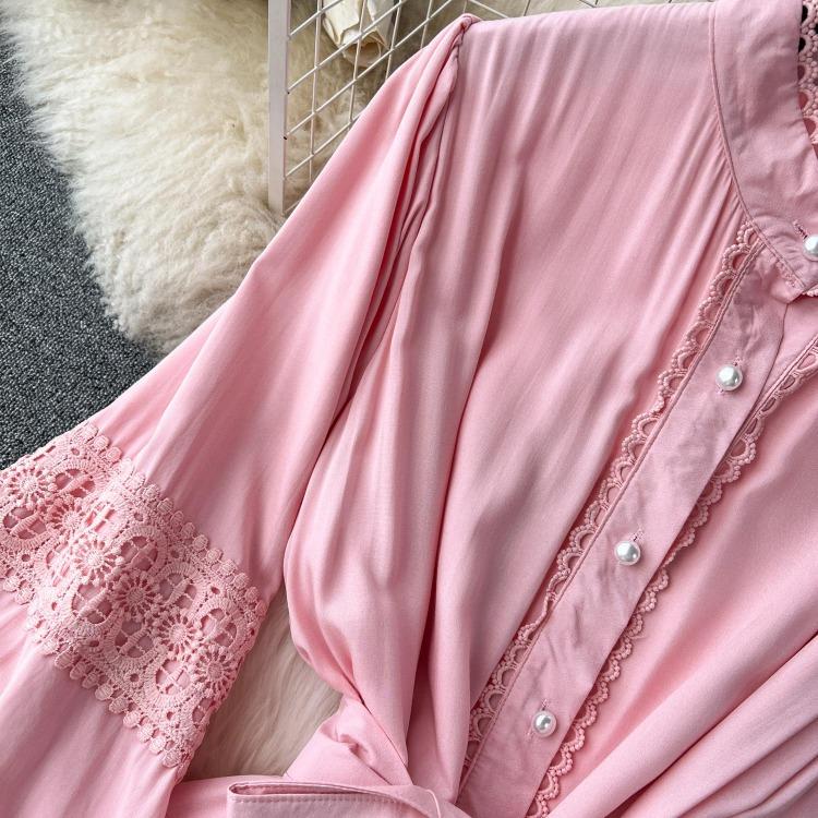 Luxury Party Dress for Women Long Lace Hollow Out Bandage Runway Patchwork Solid Lantern Sleeve Single Breasted Stand Dress