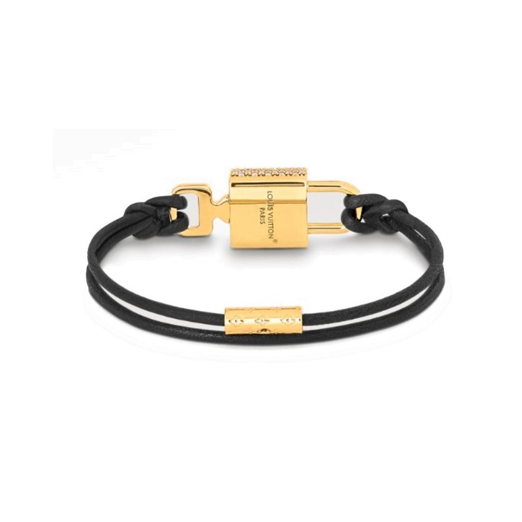 Louis Vuitton Padlock Shaped Leather Crystal Metal Bracelet Women bracelet Black M8217E