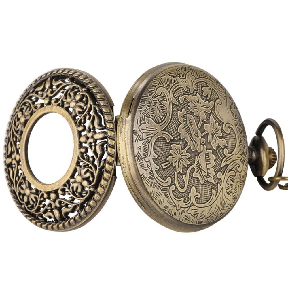 Retro Stylish Hollow Flowers Half Hunter Quartz Pocket Watch Arabic Numerals Dial Necklace Pendant Watch Antique Gift Unisex