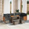 10-Piece Garden Sofa Set with Grey Poly Rattan Acacia Cushions, 2-Seater Garden Sofa with Cushions 3363333