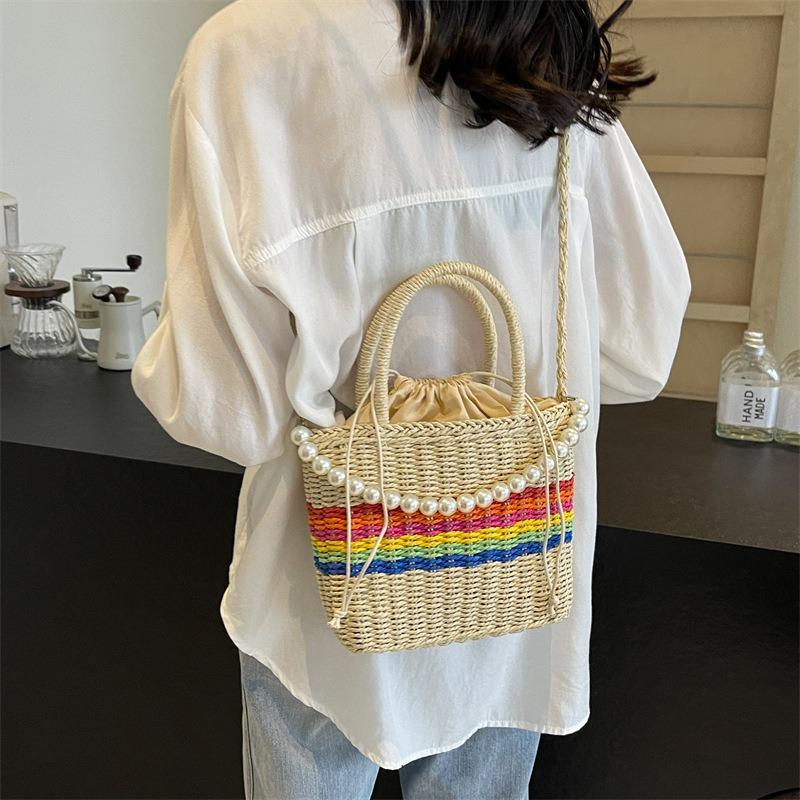 Rainbow Striped Woven Bag Women's New Seaside Vacation Bag Portable Shoulder Bag Versatile Messenger Bag