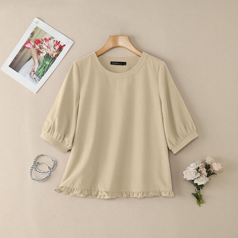 ZANZEA Damen Lässige Rundhals Einfarbig Locker Halbarm Bluse