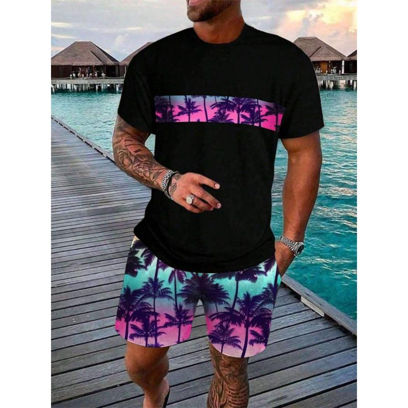 Men's Short Sleeve Shorts Set Beach Resort Style Stylish T-Shirt and Drawstring Shorts 2 Piece Hawaiian Men's Casual Wear Set