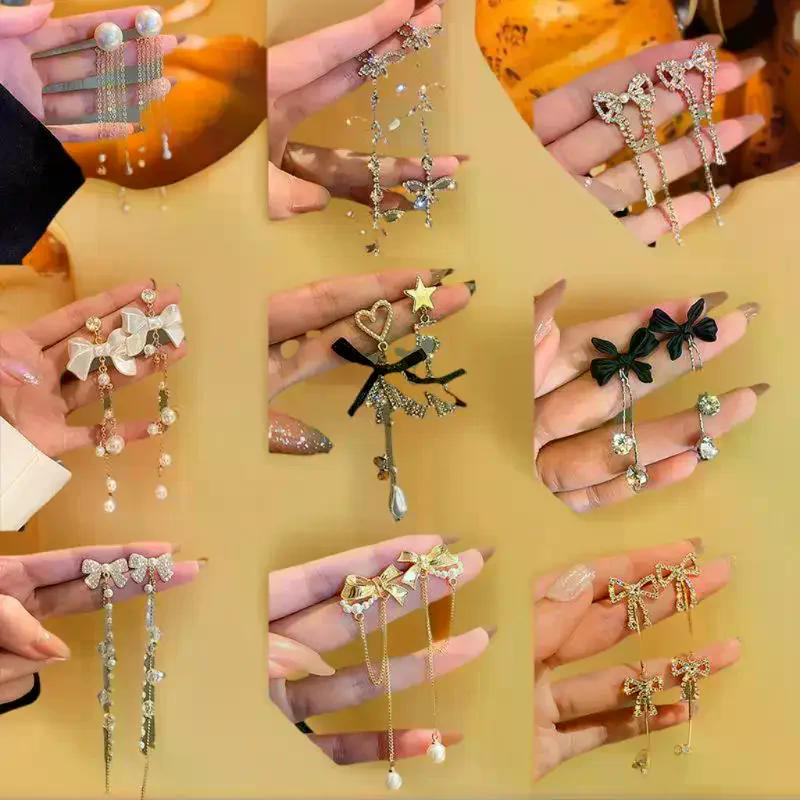 1 Pair Dangle Earrings Bowknot Shape Shining Rhinestones Lady Earrings Heart Imitation Pearls Tassel Jewelry Accessory