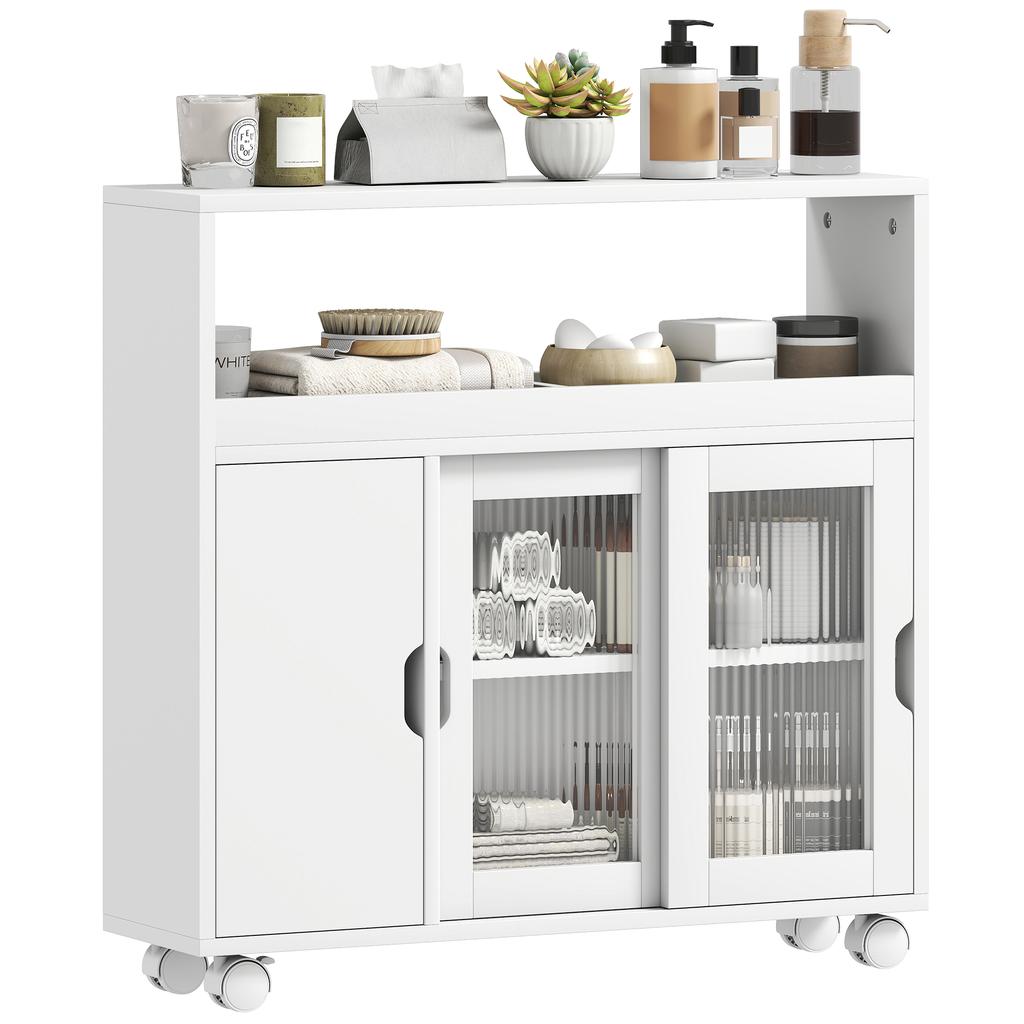 Bathroom Cabinet on Casters, Tempered Glass Doors, Open Compartment, 71 x 20 x 70 cm, White