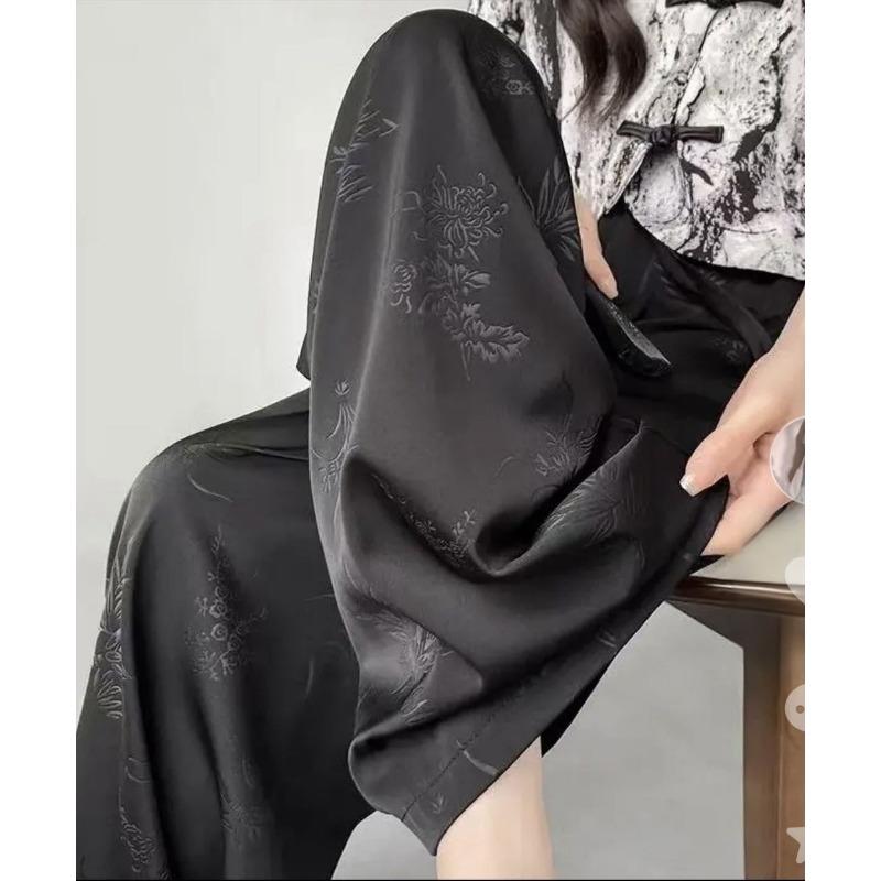 

Jacquard butterfly pants satin embossed temperament casual pants summer thin loose cool floor pants One size