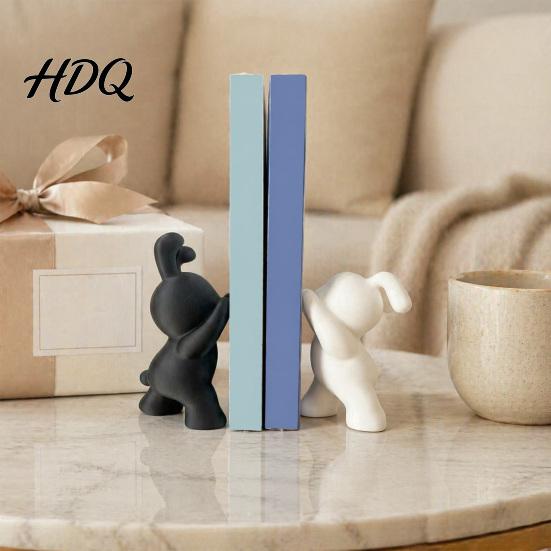 Symmetrical Animal Book Ends 2PCS Bunny Bookends 3D Printed Rabbit Matte Black And Functional Student School Supplies White Stoppers for Home Office