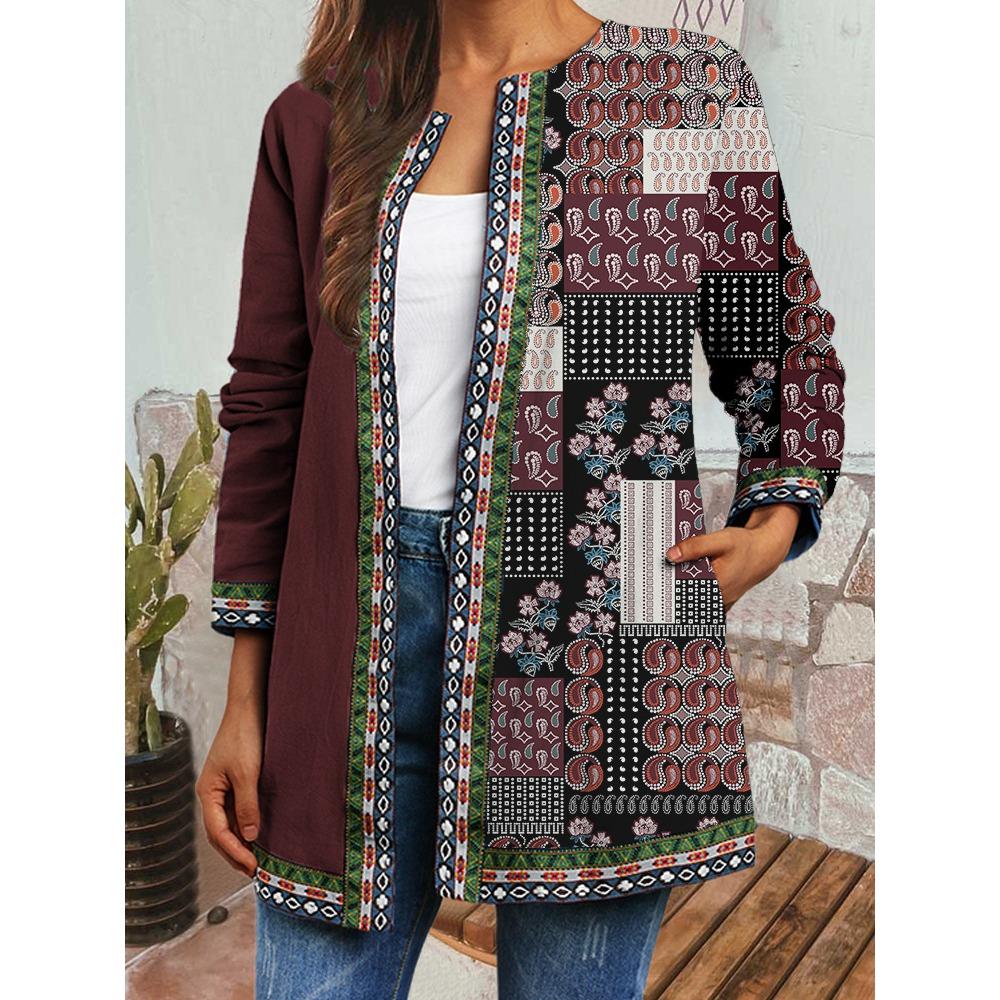 GMXIA Herbst Winter Vintage Ethnischer Stil Druck Übergröße Jacke Strickjacke Damenbekleidung