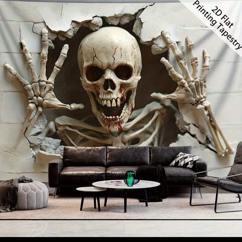 2D Spooky Skeleton Tapestry for Halloween Scary Skull Breaking Wall Hanging for Living Room Bedroom