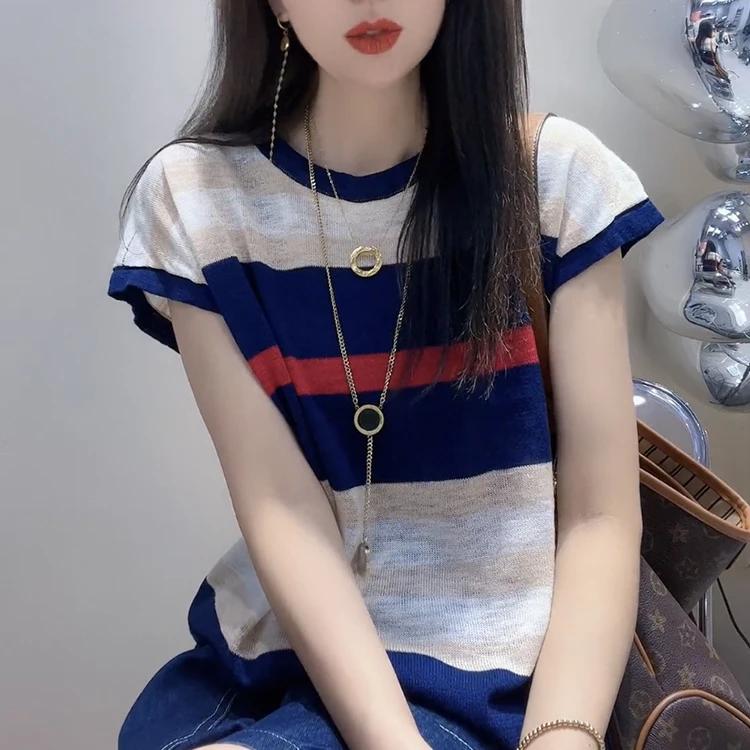 

Женская летняя дизайнерская полосатая футболка с короткими рукавами, свободные топы и низ XXS