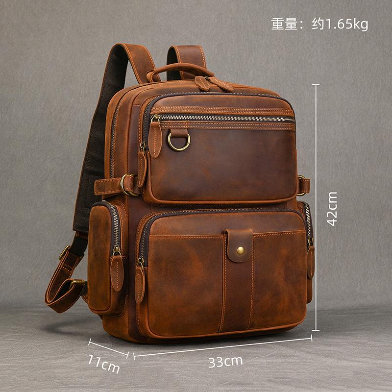 Crazy Horse Leather Men'S Backpack 15 Inch First Layer Cowhide Backpack Retro Leather Travel Bag Commuter Computer Bag