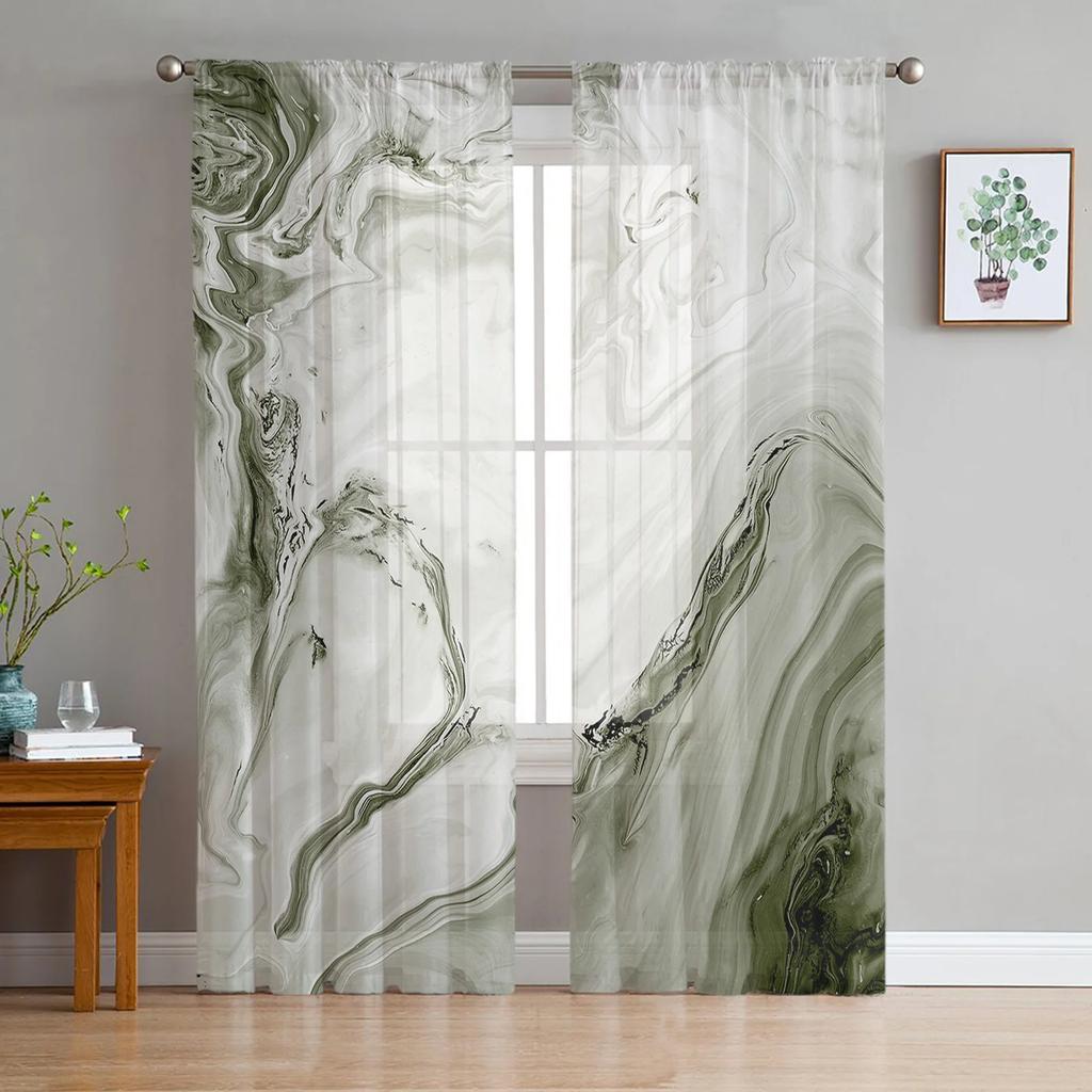 Grass Green Marble Translucent Drapes for Bedroom Space Living Room Decoration Window Opening Drape for Kitchen Area Tulle Voile Organza Curtains