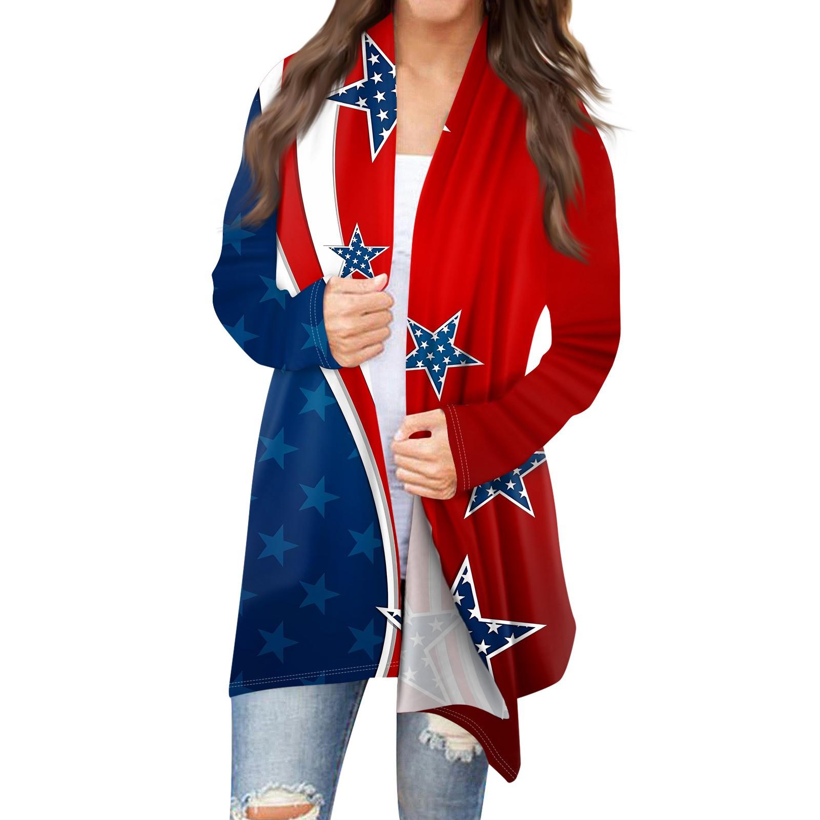 

Женский кардиган с принтом ко Дню независимости и длинными рукавами спереди, легкая куртка с принтом L темно-синий