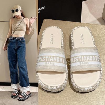 European Station Platform Slippers 2023 New Summer Small Fragrant Style Letter One-word Drag Large Size Slope Heel Casual Outer Wear Drag