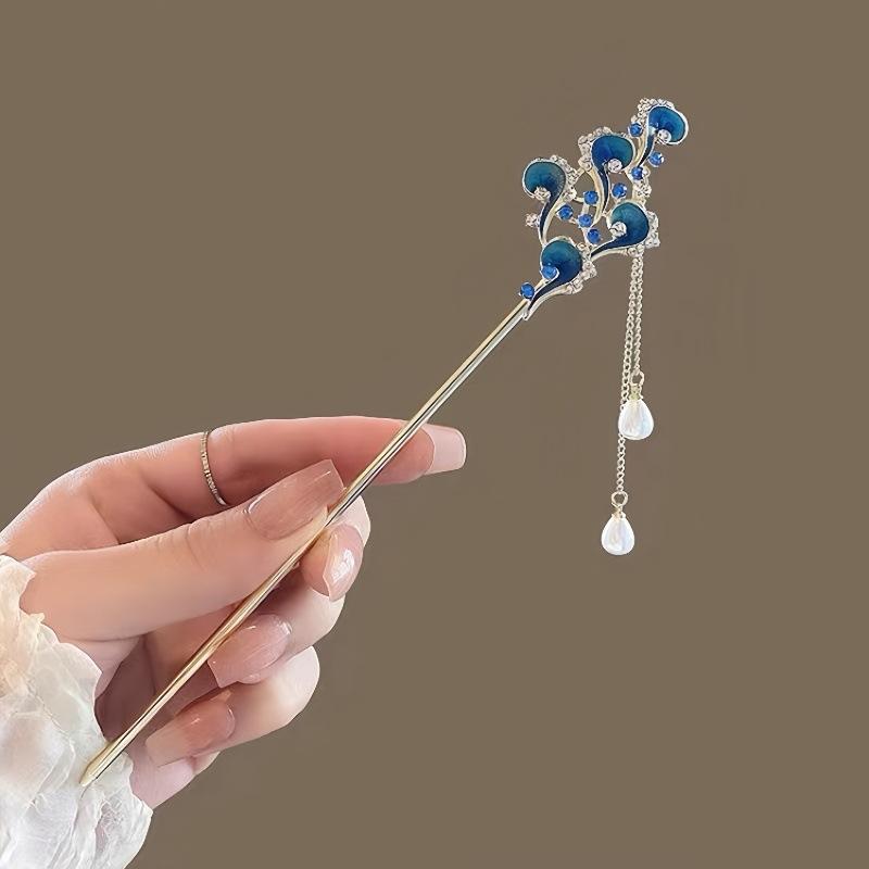 Blue Wave Wave Hairpin Ancient Wind Zircon Tassels Hair Stick Women's High End New Chinese Pearl Hanfu Hair Accessories