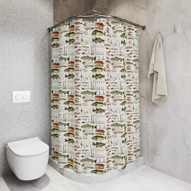 

Fishing Shower Curtain - Fish & Hooks Design, Masculine Bathroom Decor For Cabin, Lake House Or Angler Gift W60H190(CM)-1 Pcs