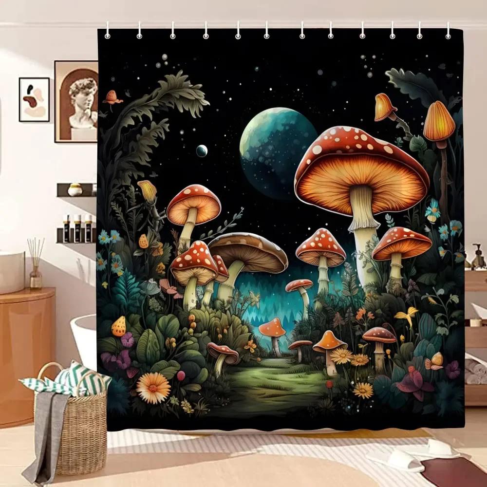 

Mushroom Shower Curtain Retro Butterfly Floral Boho Moon Botanical Wildflowers Green Plant Aesthetic Bath Curtain Bathroom Decor W120XH180cm