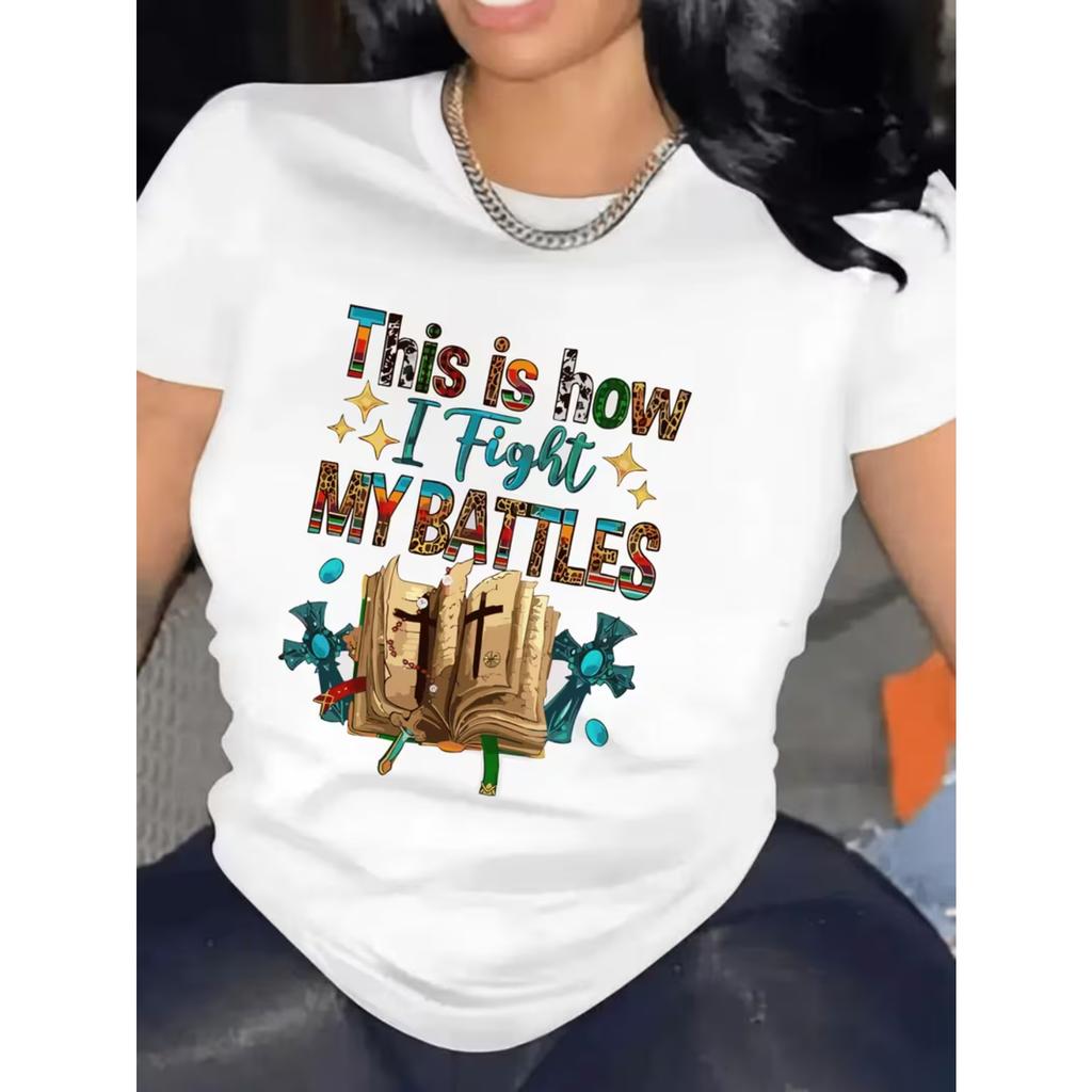 Battles Fashion Women's Colorful English Alphabet Book Pattern Printed Crew Neck T-Shirt