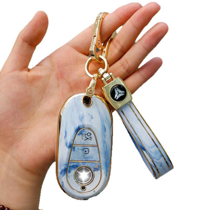 Mercedes-Benz Key Case for C260, LC200L, S400 Maybach, EQE, GLC with Gold Inlaid Jade Shell