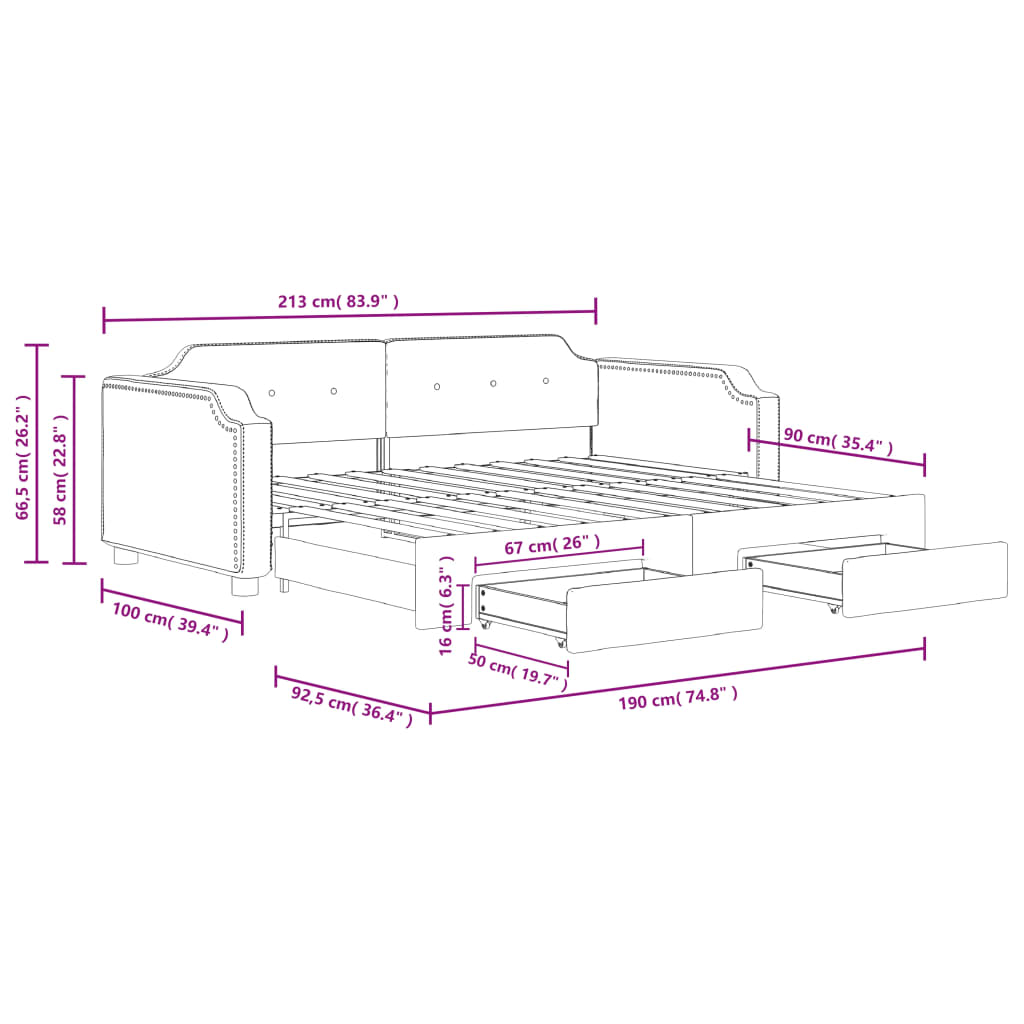 Pull Out Daybed with Drawers Light Grey 90 X 190 Cm Fabric