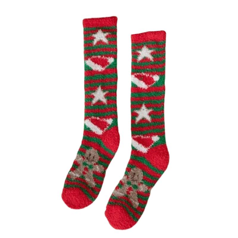 2Pcs Womens Cute Coral Fleece Knee Highs Long Socks Cute Christmas Stockings Long Fuzzy Socks Winter Warm Calf Socks