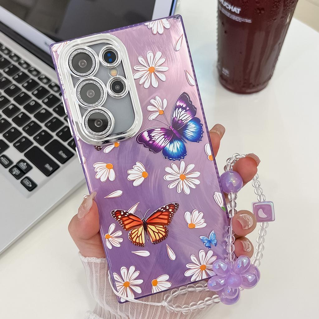 Small Fresh Embossed Butterfly Suitable for Samsung S25 Ultra Electroplated Mobile Phone Case Bracelet S24 Flash Powder Lens Film A56