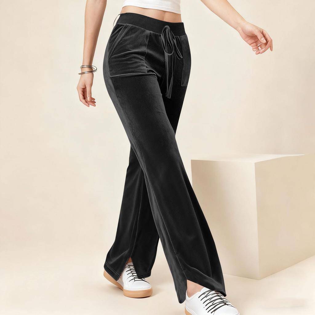 Women's Fashion Color Gold Velvet High Waist Drawstring With Pocket Horn Casual Pants