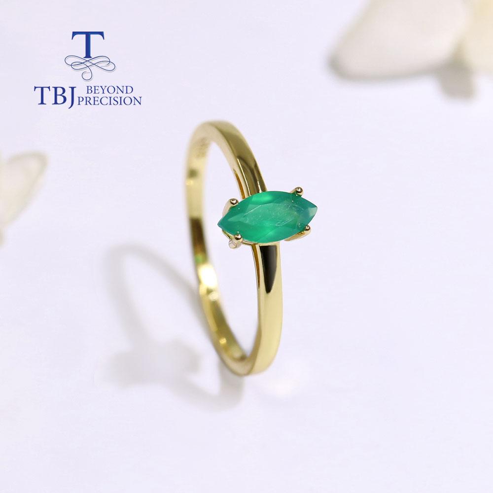 Natural Simple Gemstone Ring Mq 4*8mm Green Agate 18k Gold Over 925 Sterling Silver Fine Jewelry for Girls Daily Wear Nice Gift