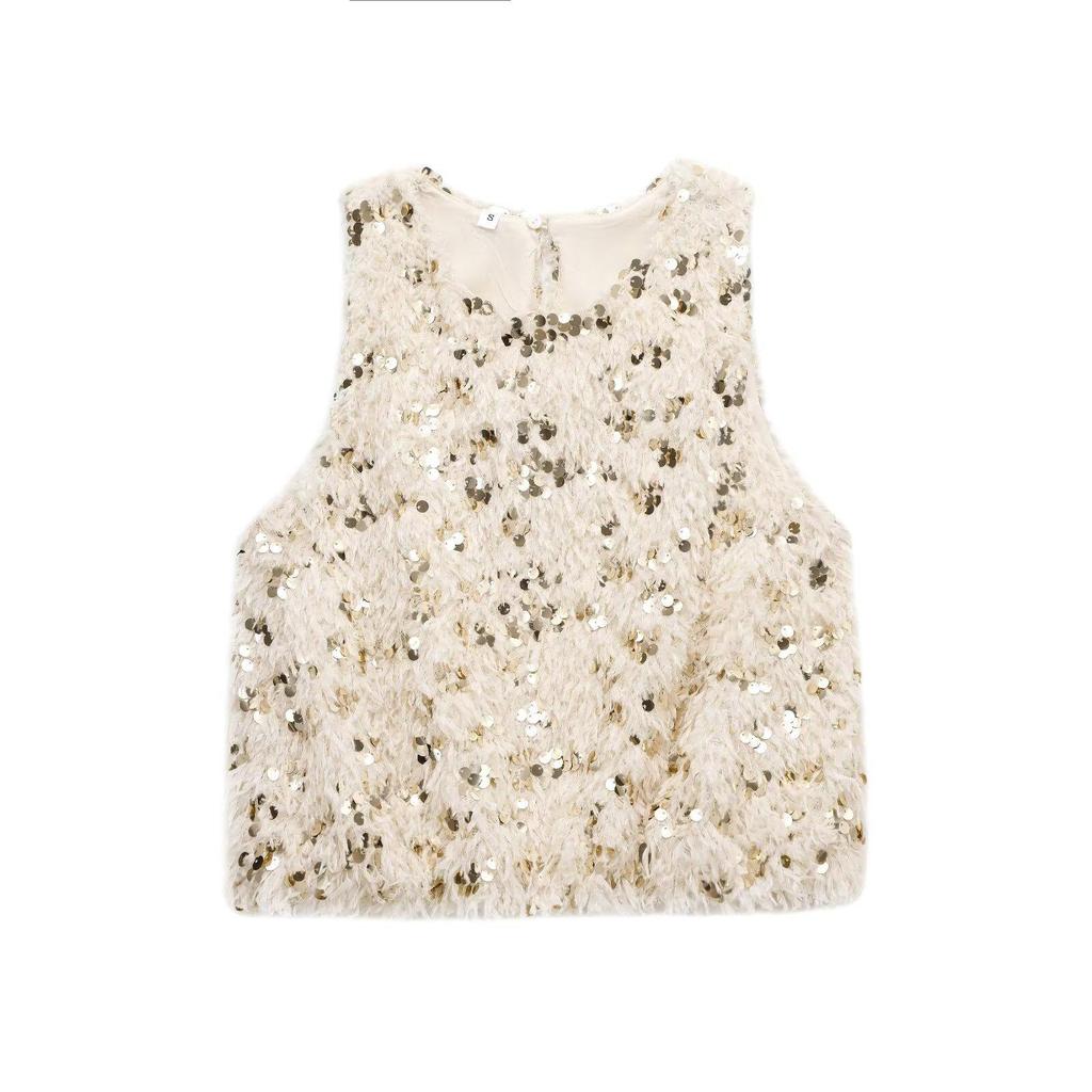 2024 Winter Women's European & American Style Sequin Round Neck Top