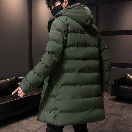 Autumn Winter Men Jacket Cotton Padded Hooded Long Sleeve Drawstring Mid-length Windbreaker for Daily Wear