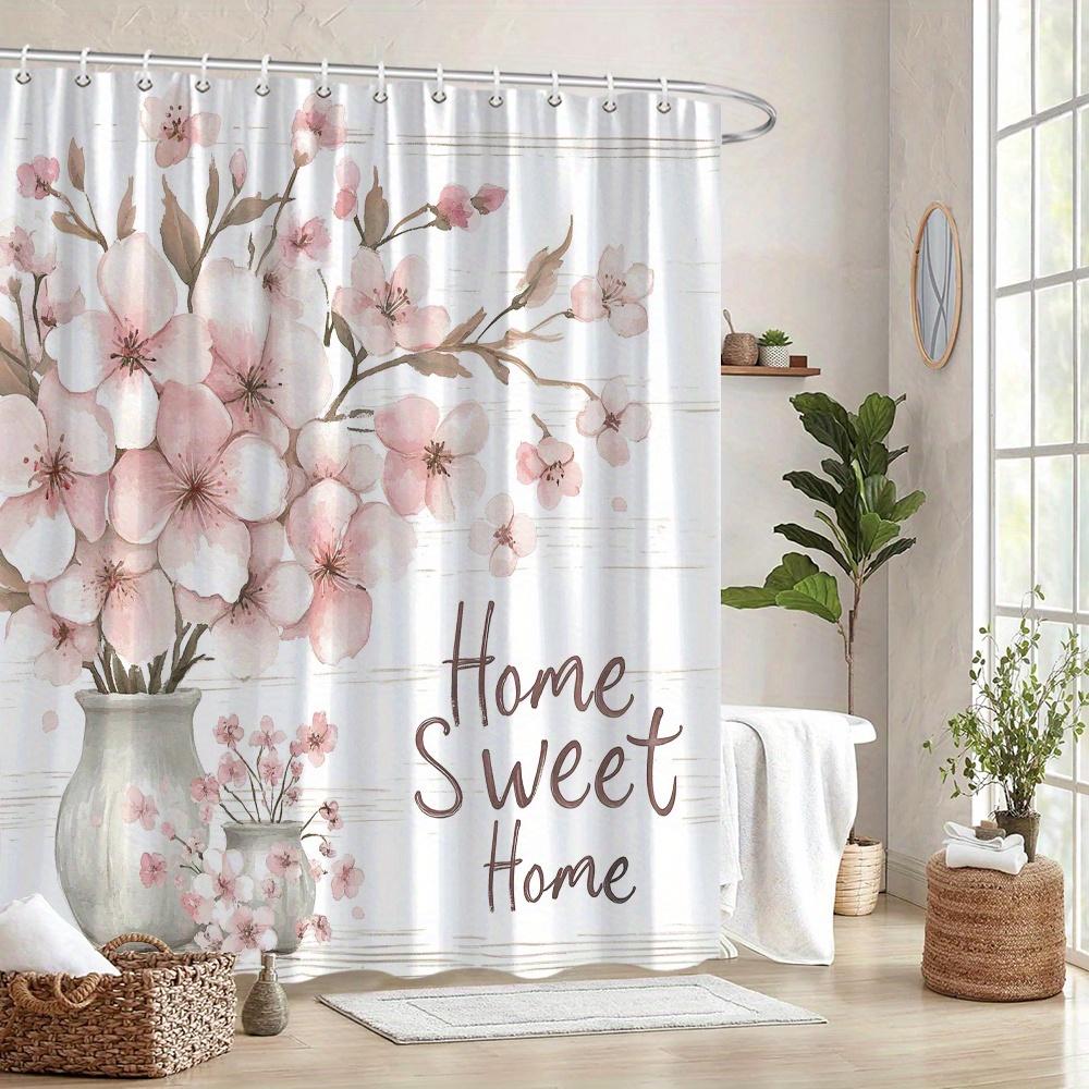 Cherry Blossom Curtain - 'Home Sweet Home' Text, Rustic Wood, Watercolor Style, 12 Hooks, Machine Washable, Bath Decor