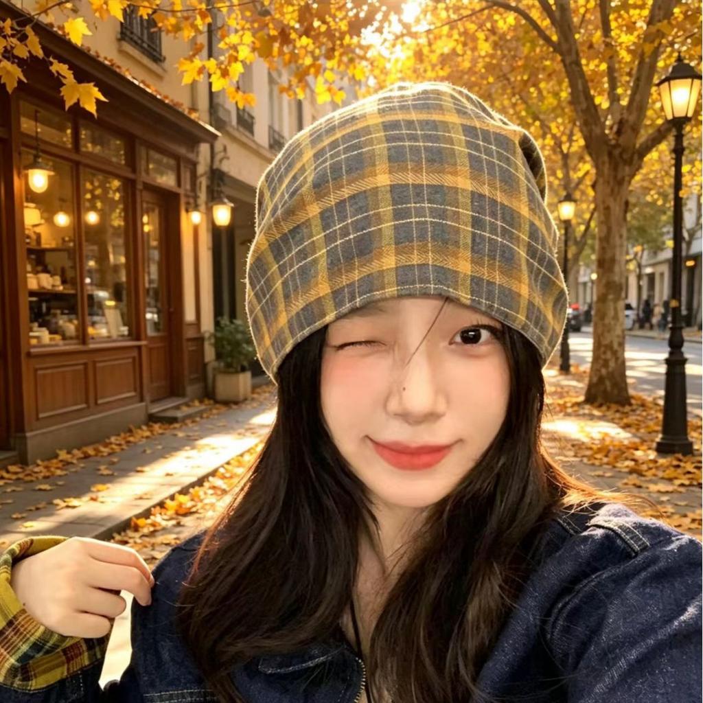 Double-sided stacking hats can be worn, autumn and winter retro high-end baotou hats, confinement, postpartum comfort and warmth, plaid cold hats