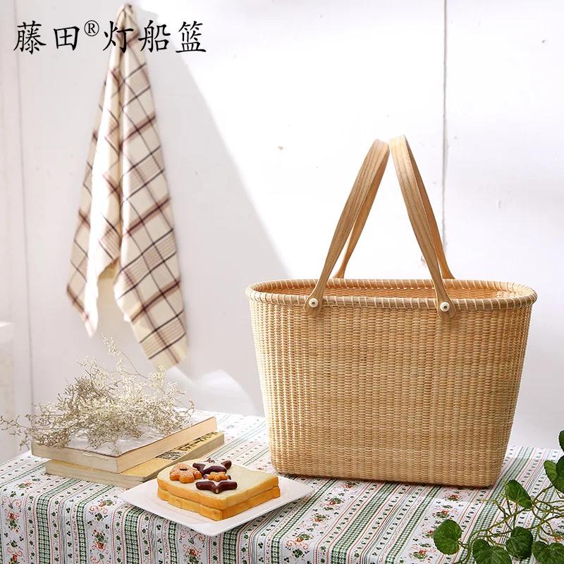 Natural Rattan Storage Box Double Open Lid Shopping Basket Multifunctional Vegetable Container Outdoor Convenience Picnic Basket